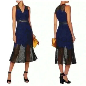 Jonathan Simkhai Fluted-Hem Sleeveless Lace Midi Dress Black Blue Size 2